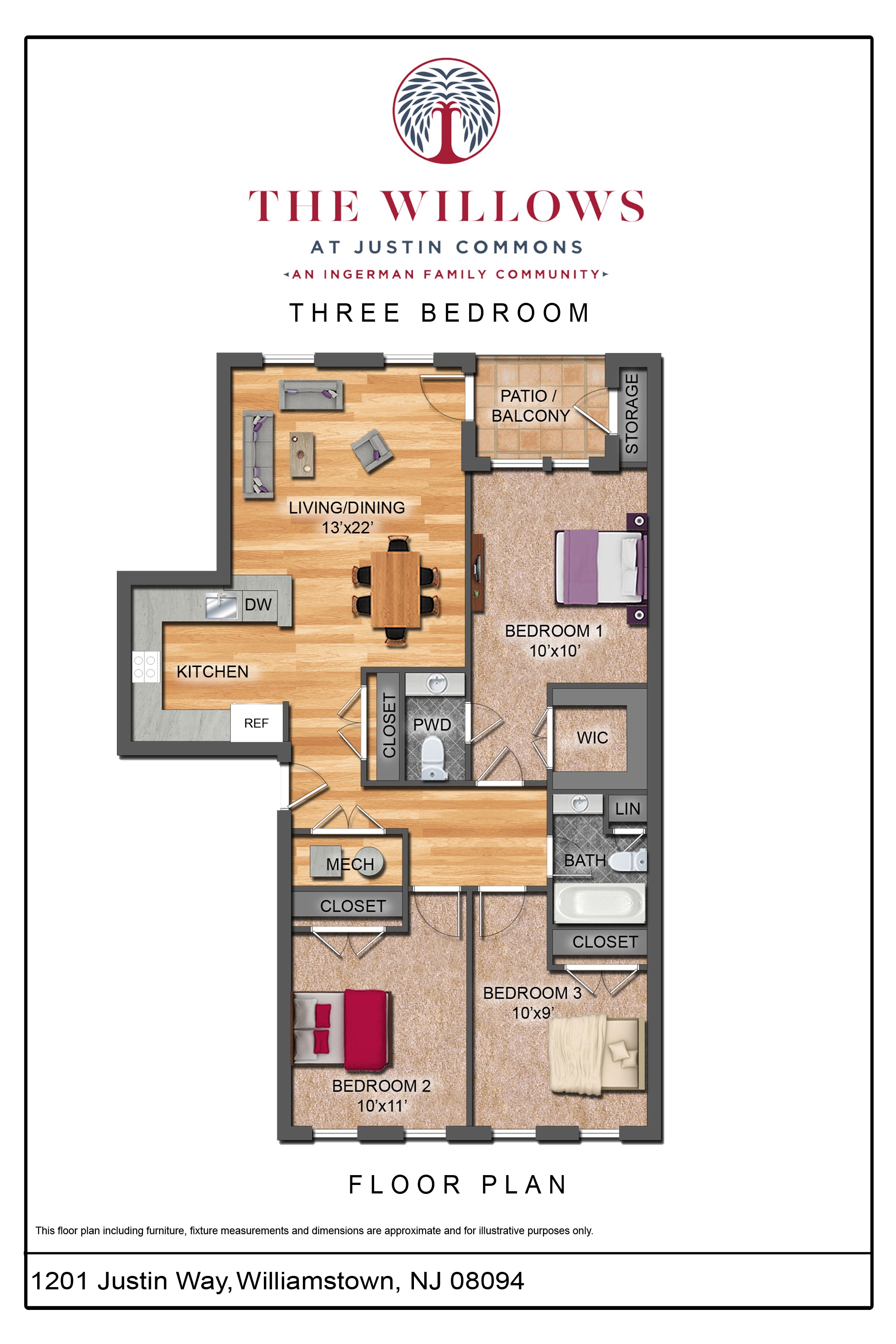 Floor plan for 3 beds, 1.5 baths, 1150 sqft